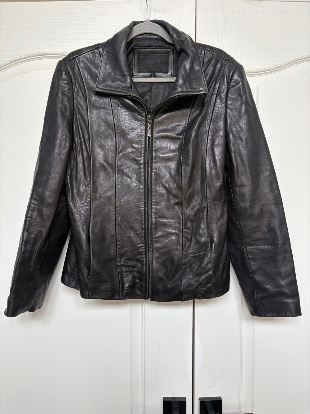 Avanti Black Leather Zip-Up Panel Jacket